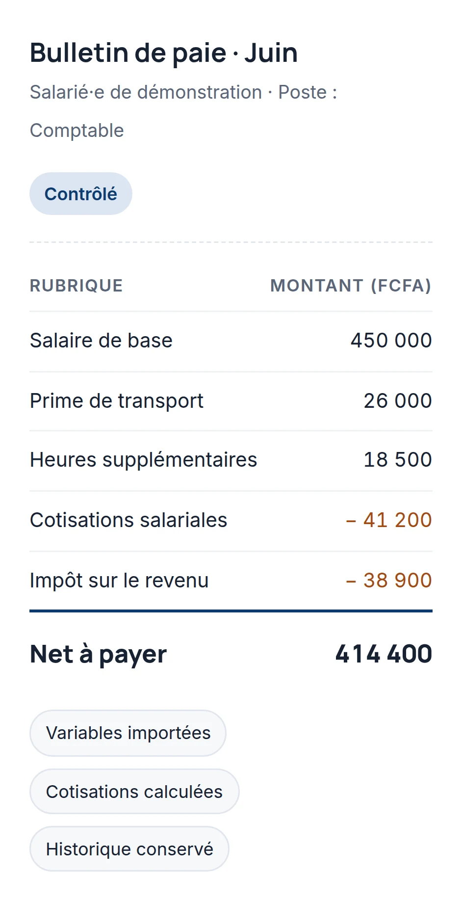 Bulletin de paie Jokkopay — illustration, montants fictifs