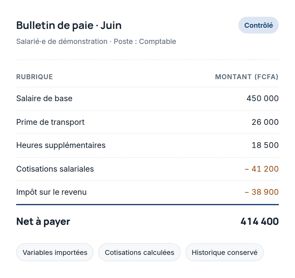 Bulletin de paie Jokkopay — illustration, montants fictifs